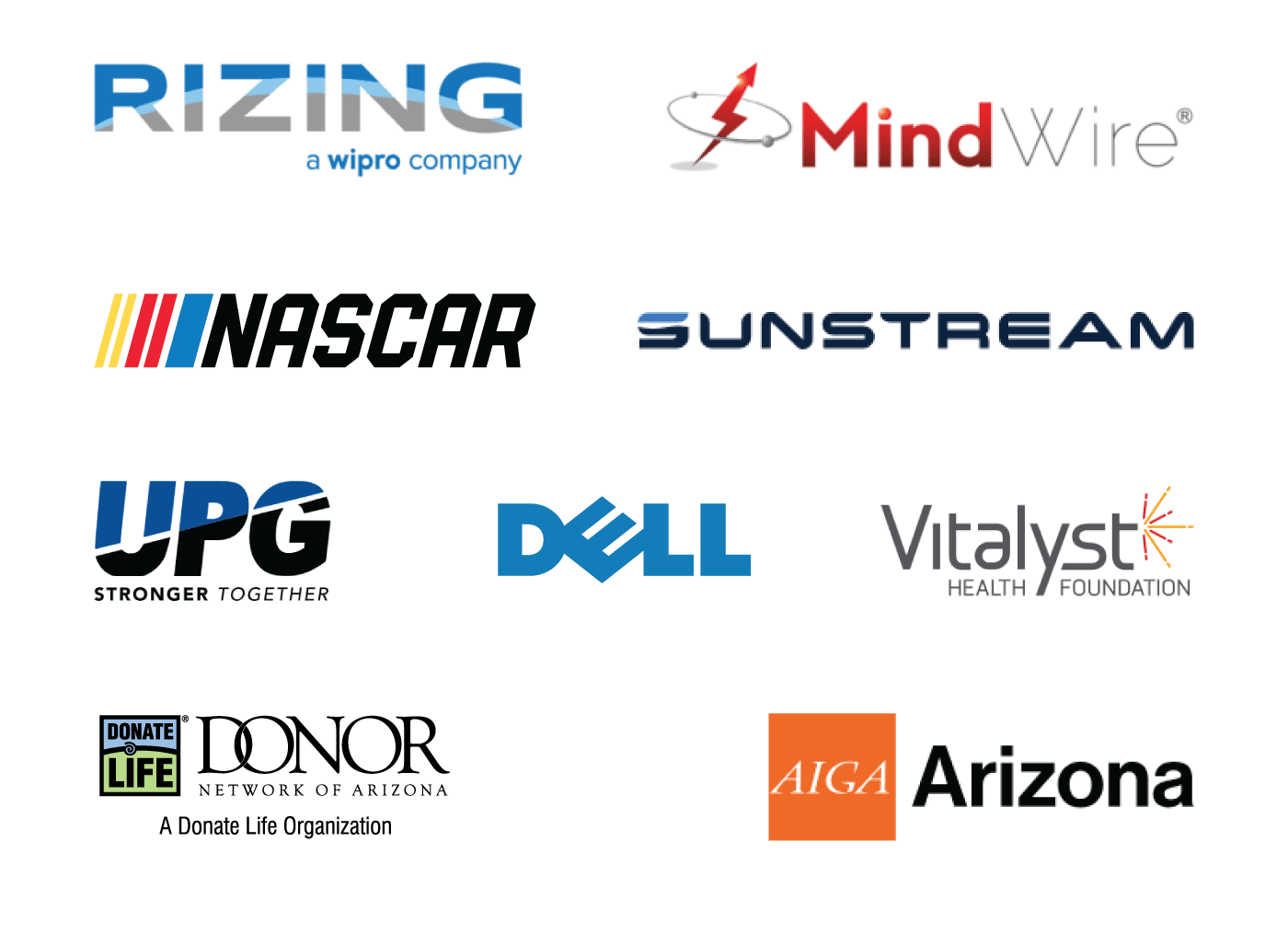 A grid of Factor1 client logos including Rizing, MindWire, NASCAR, Sunstream, UPG, Dell, Vitalyst, Donor Network of AZ, AIGA Arizona.